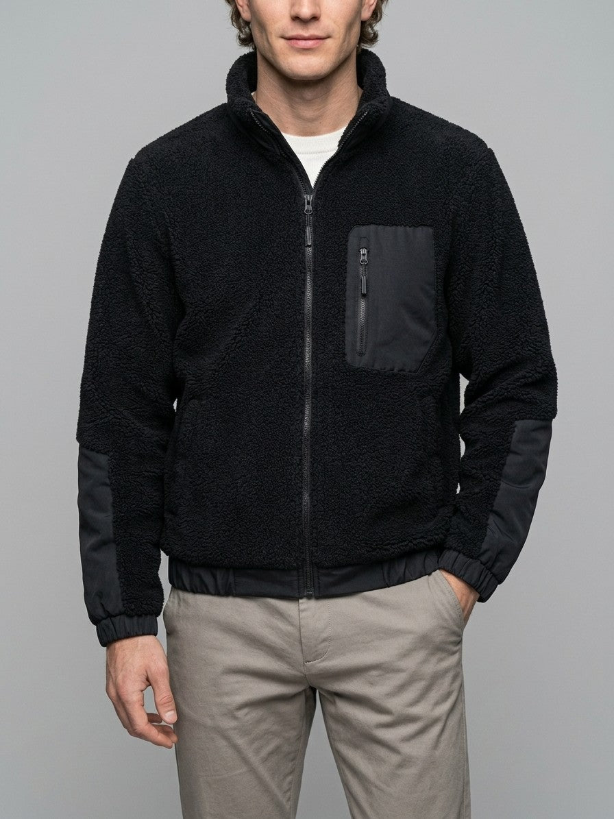 Canosa Men's Chest-Patch Zip Sherpa Jacket — black — front