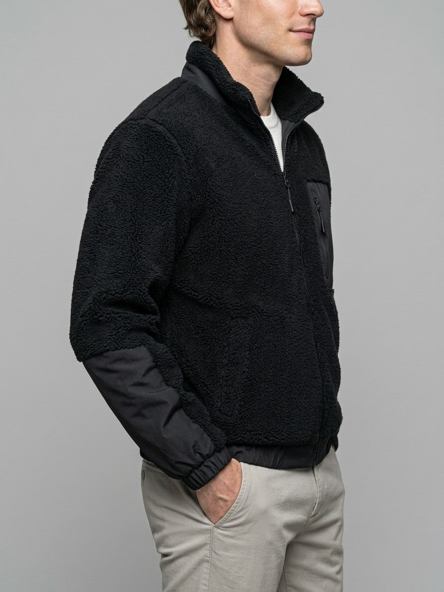 Canosa Men's Chest-Patch Zip Sherpa Jacket — black — side