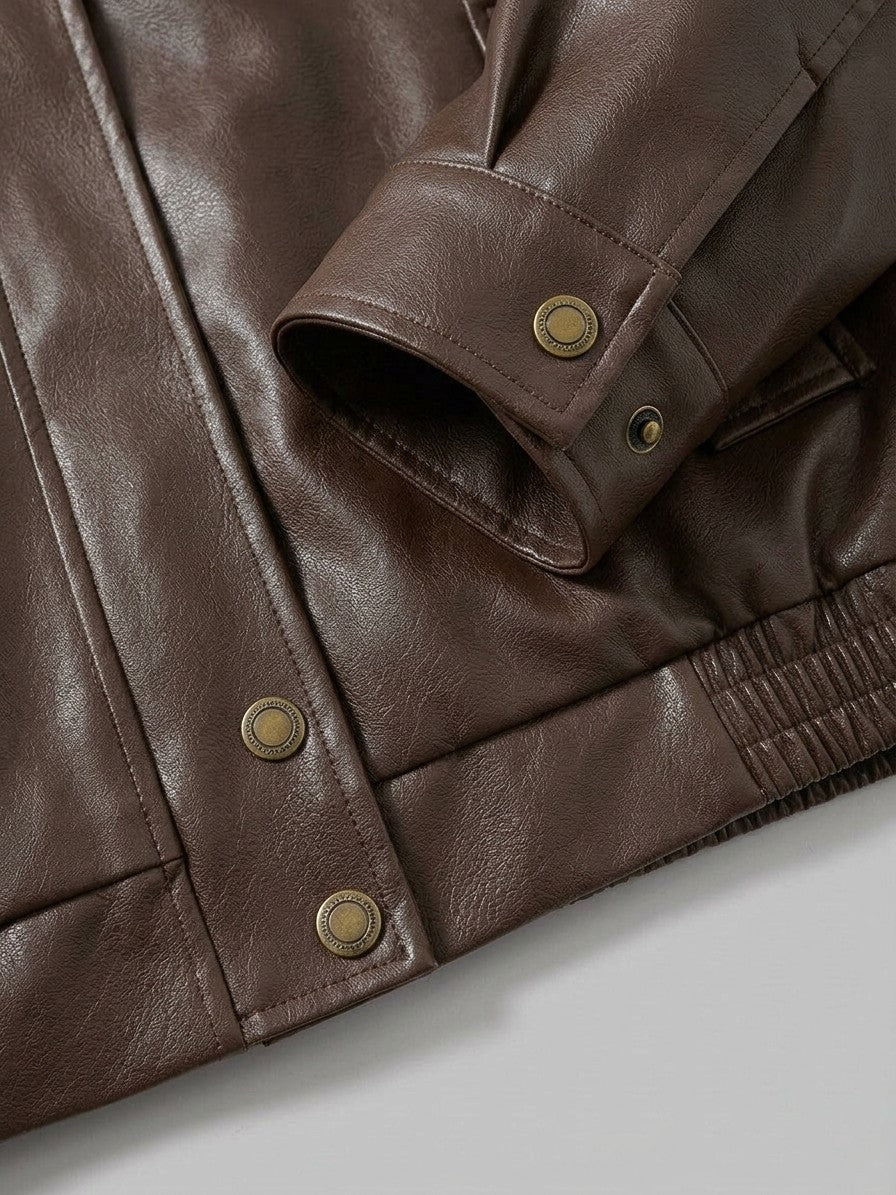 Caorle Men's Reversible Faux Leather Harrington Jacket — brown — detail-collar