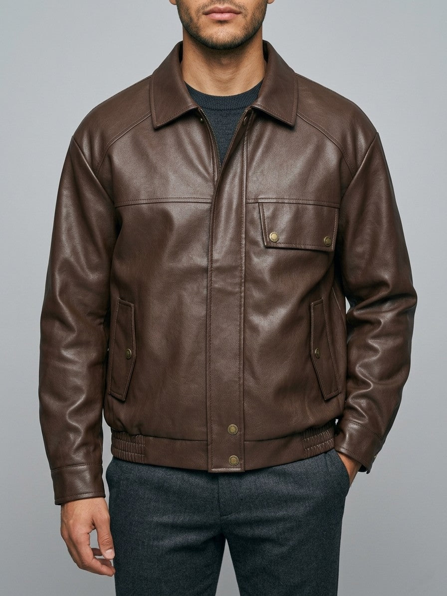 Caorle Men's Reversible Faux Leather Harrington Jacket — brown — front
