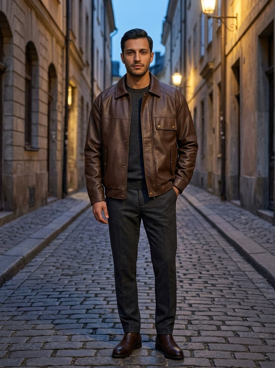 Caorle Men's Reversible Faux Leather Harrington Jacket — brown — lifestyle