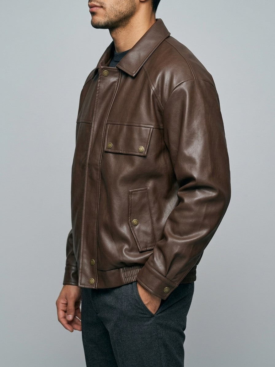 Caorle Men's Reversible Faux Leather Harrington Jacket — brown — side