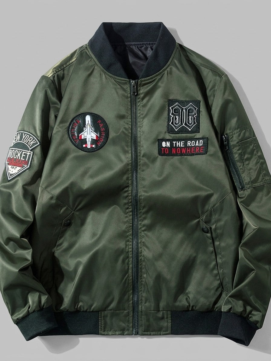Capalbio Men's Multi-Patch Satin MA-1 Bomber Jacket — armygreen — packshot