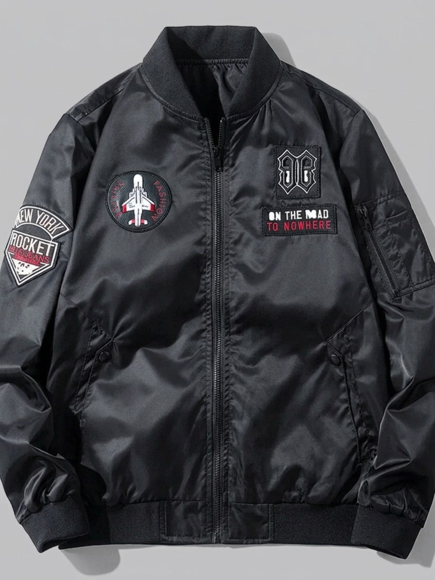 Capalbio Men's Multi-Patch Satin MA-1 Bomber Jacket — black — packshot