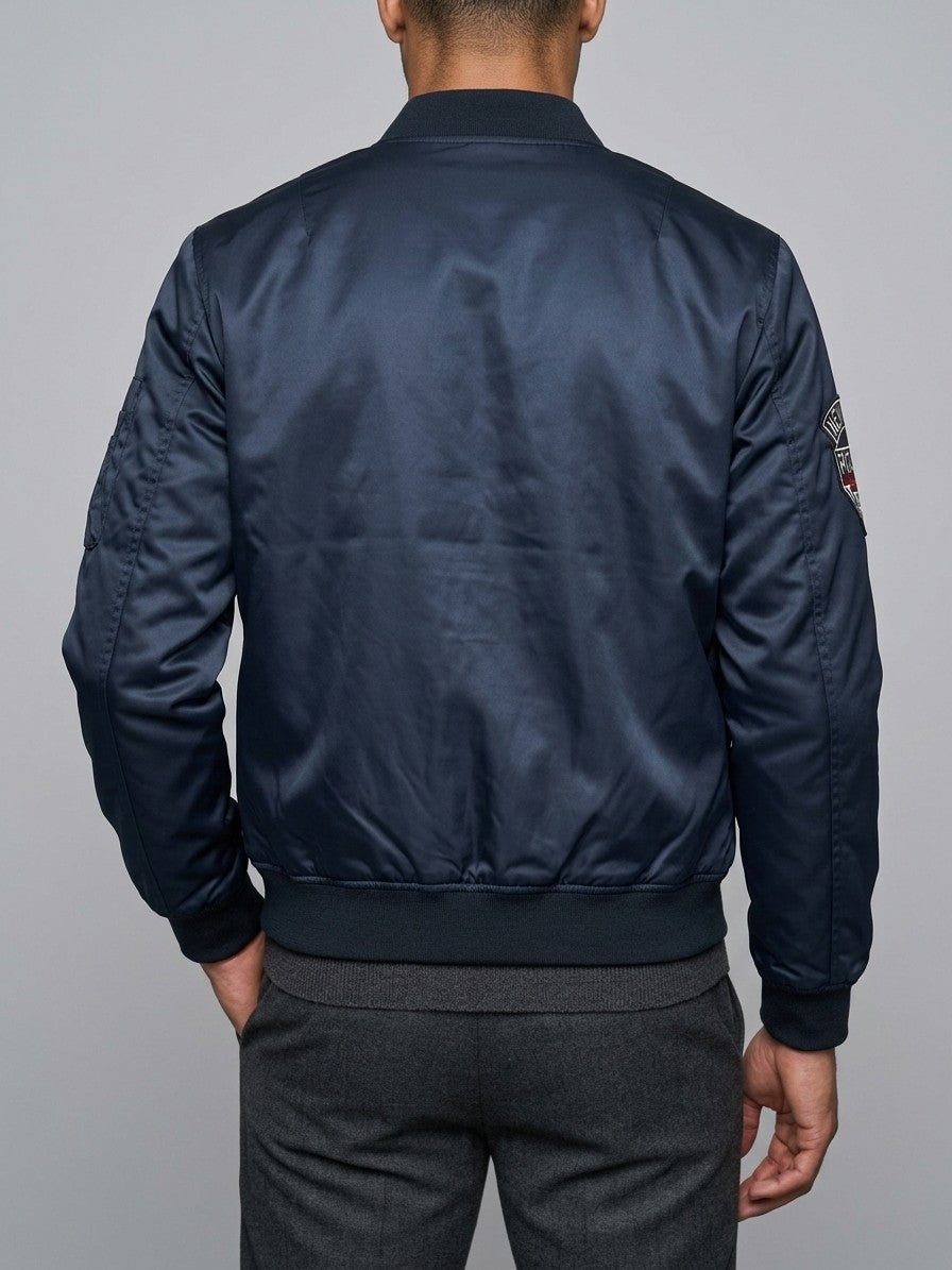 Capalbio Men's Multi-Patch Satin MA-1 Bomber Jacket — darkblue — back