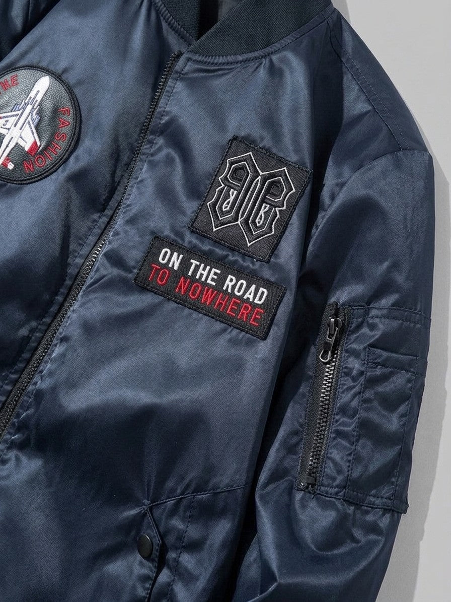 Capalbio Men's Multi-Patch Satin MA-1 Bomber Jacket — darkblue — detail-collar