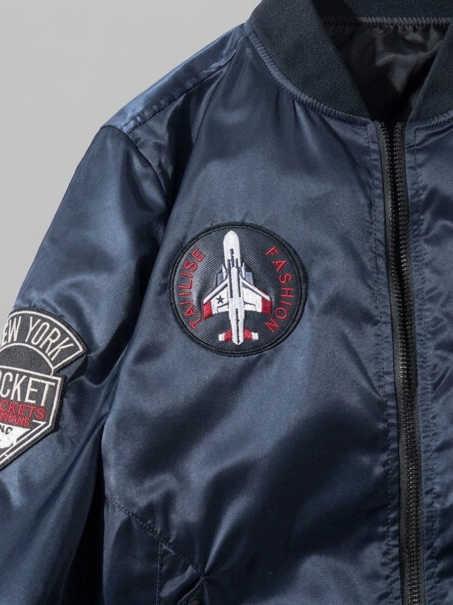 Capalbio Men's Multi-Patch Satin MA-1 Bomber Jacket — darkblue — detail