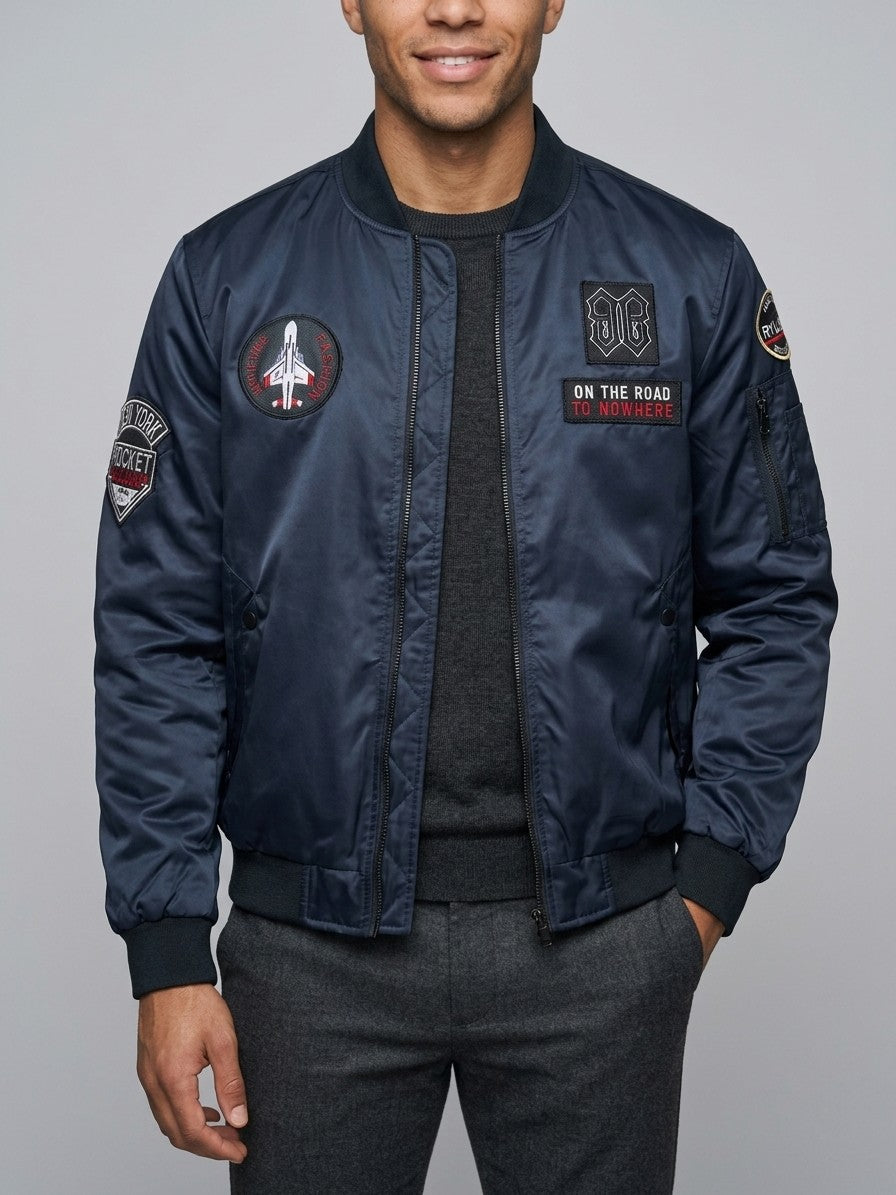 Capalbio Men's Multi-Patch Satin MA-1 Bomber Jacket — darkblue — front