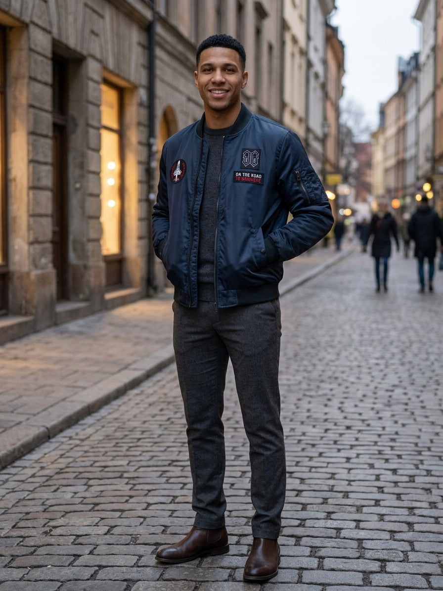 Capalbio Men's Multi-Patch Satin MA-1 Bomber Jacket — darkblue — lifestyle
