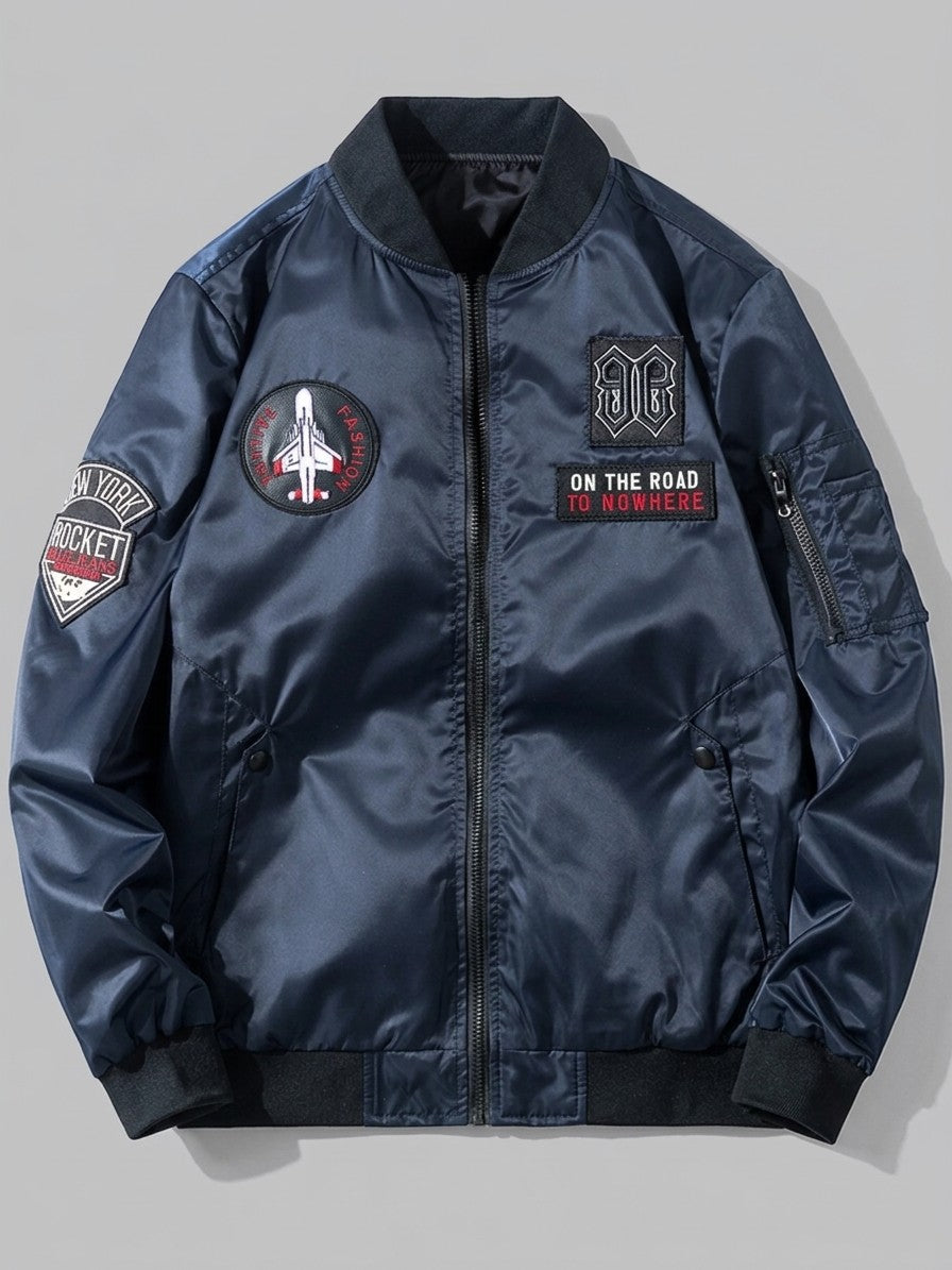 Capalbio Men's Multi-Patch Satin MA-1 Bomber Jacket — darkblue — packshot