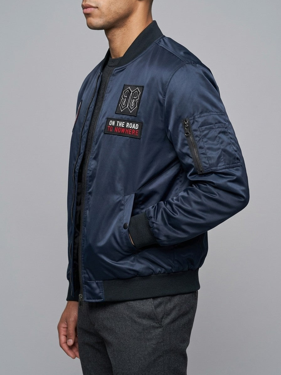 Capalbio Men's Multi-Patch Satin MA-1 Bomber Jacket — darkblue — side