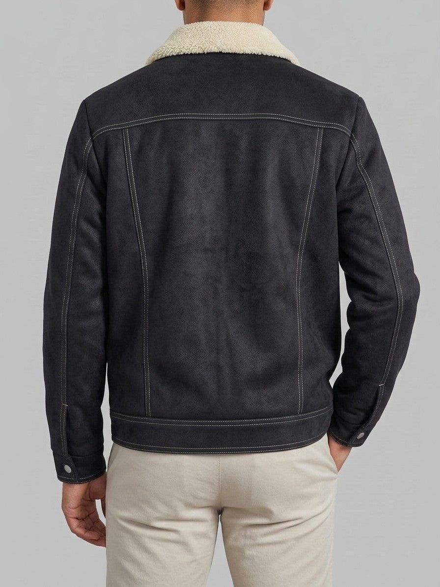 Capestrano Men's Faux-Suede Trucker Sherpa Jacket — black — back