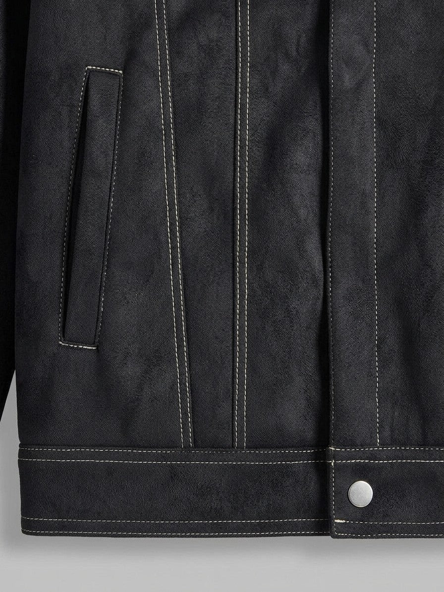 Capestrano Men's Faux-Suede Trucker Sherpa Jacket — black — detail-collar