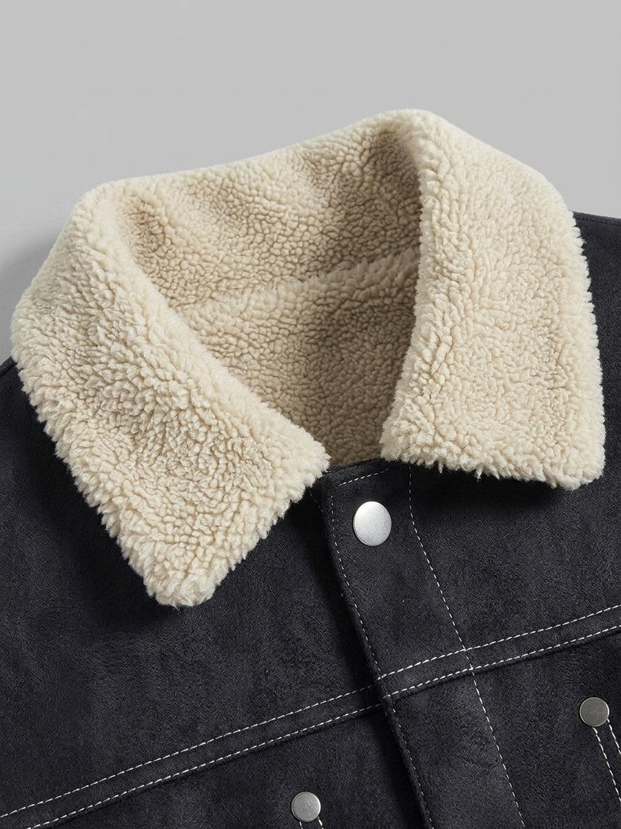 Capestrano Men's Faux-Suede Trucker Sherpa Jacket — black — detail