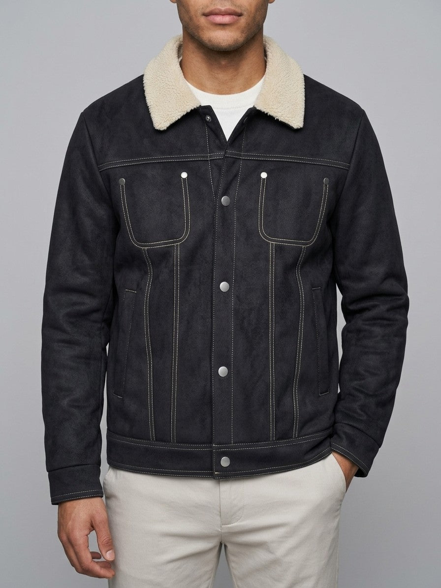 Capestrano Men's Faux-Suede Trucker Sherpa Jacket — black — front