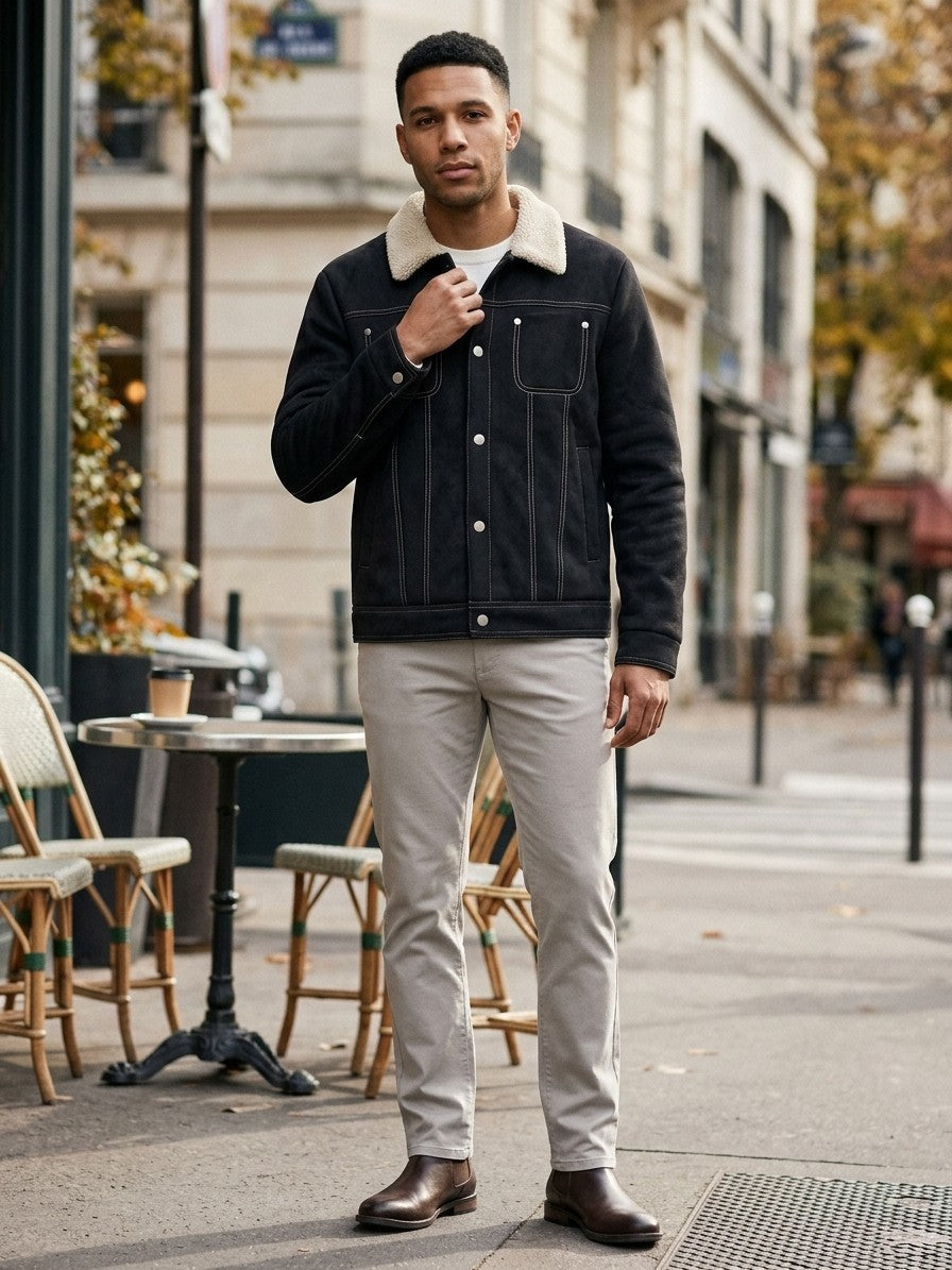 Capestrano Men's Faux-Suede Trucker Sherpa Jacket — black — lifestyle