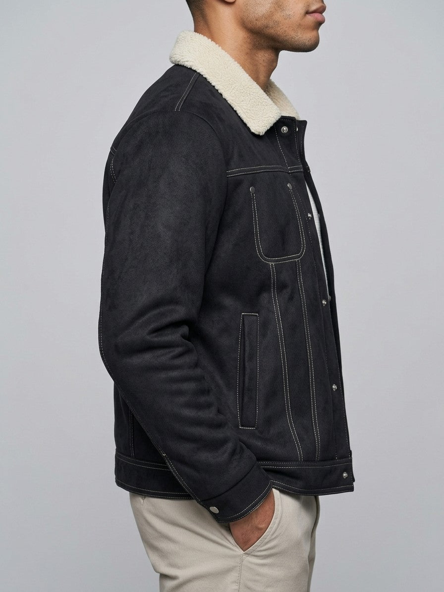 Capestrano Men's Faux-Suede Trucker Sherpa Jacket — black — side