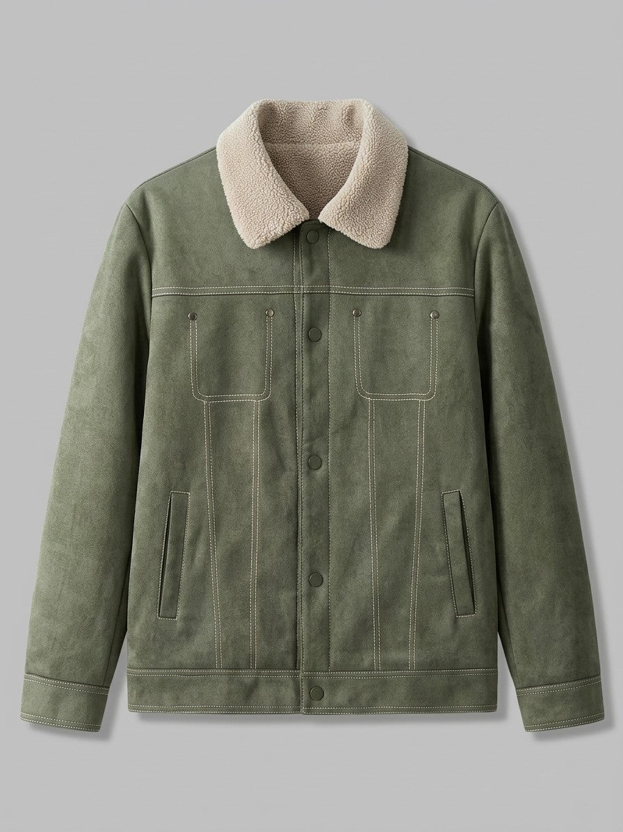 Capestrano Men's Faux-Suede Trucker Sherpa Jacket — sage — packshot