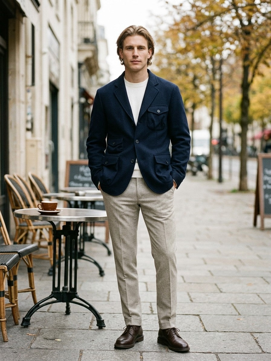 Capracotta Men's Flap-Pocket Wool Hunting Blazer — navy — lifestyle