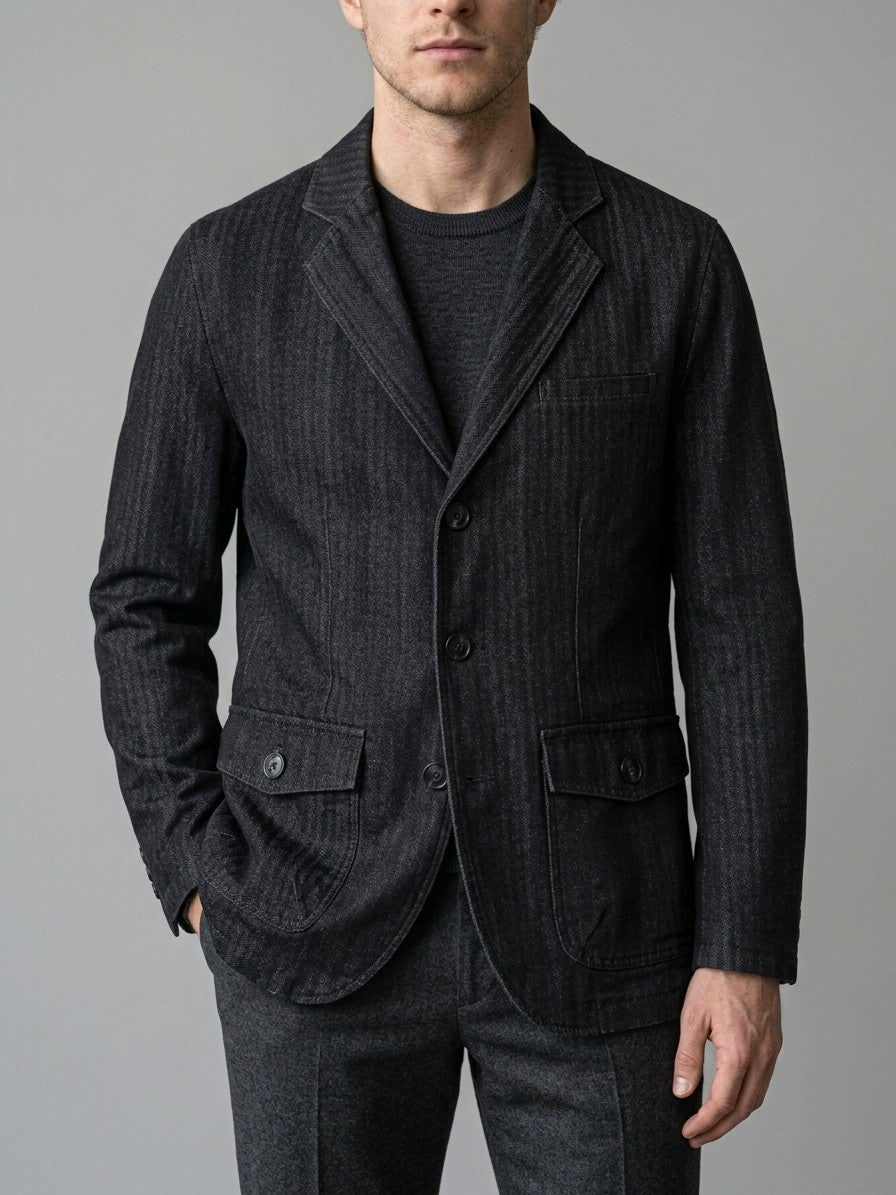 Caprarola Men's Textured Flap-Pocket Denim Blazer — black — front