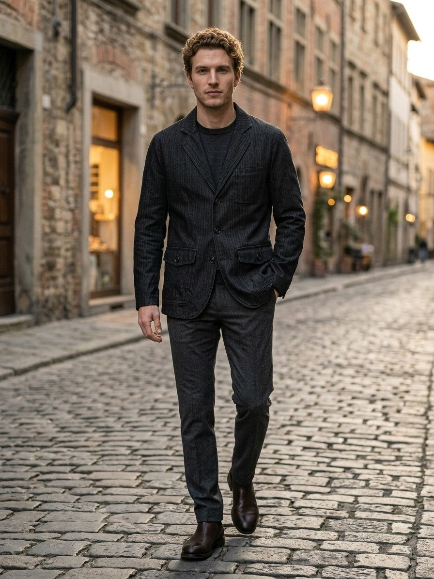 Caprarola Men's Textured Flap-Pocket Denim Blazer — black — lifestyle