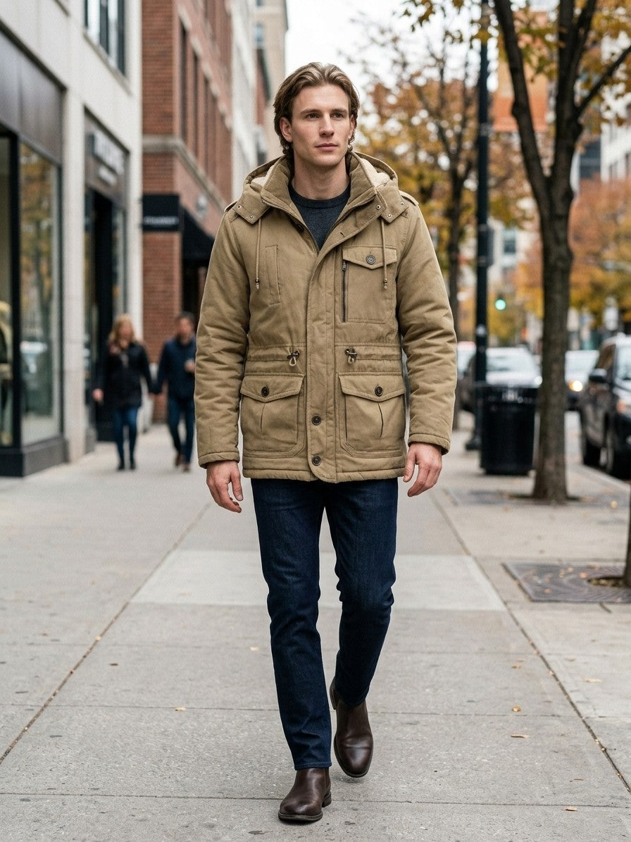 Capua Men's Hooded Field Sherpa Jacket — khaki — lifestyle
