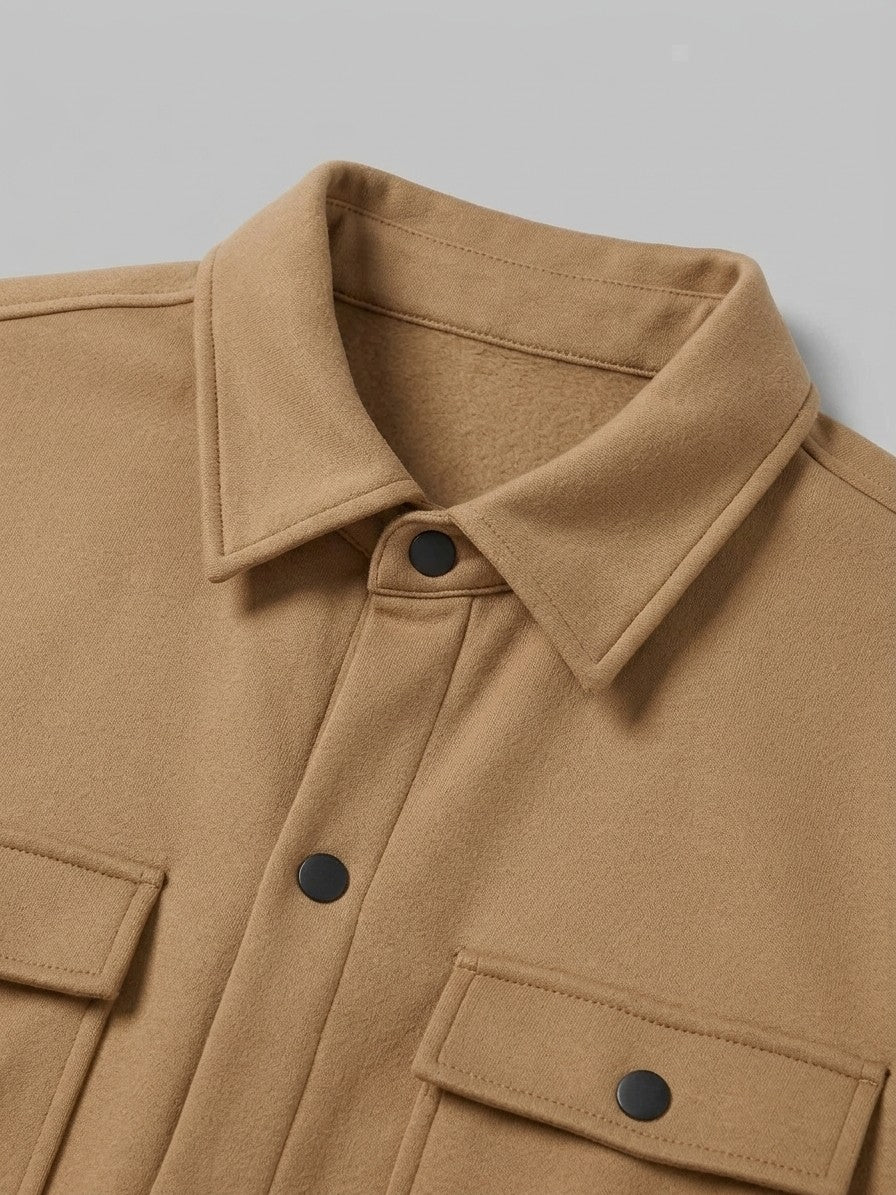 Carate Men's Brushed Knit Snap-Front Shirt Jacket — camel — detail-2