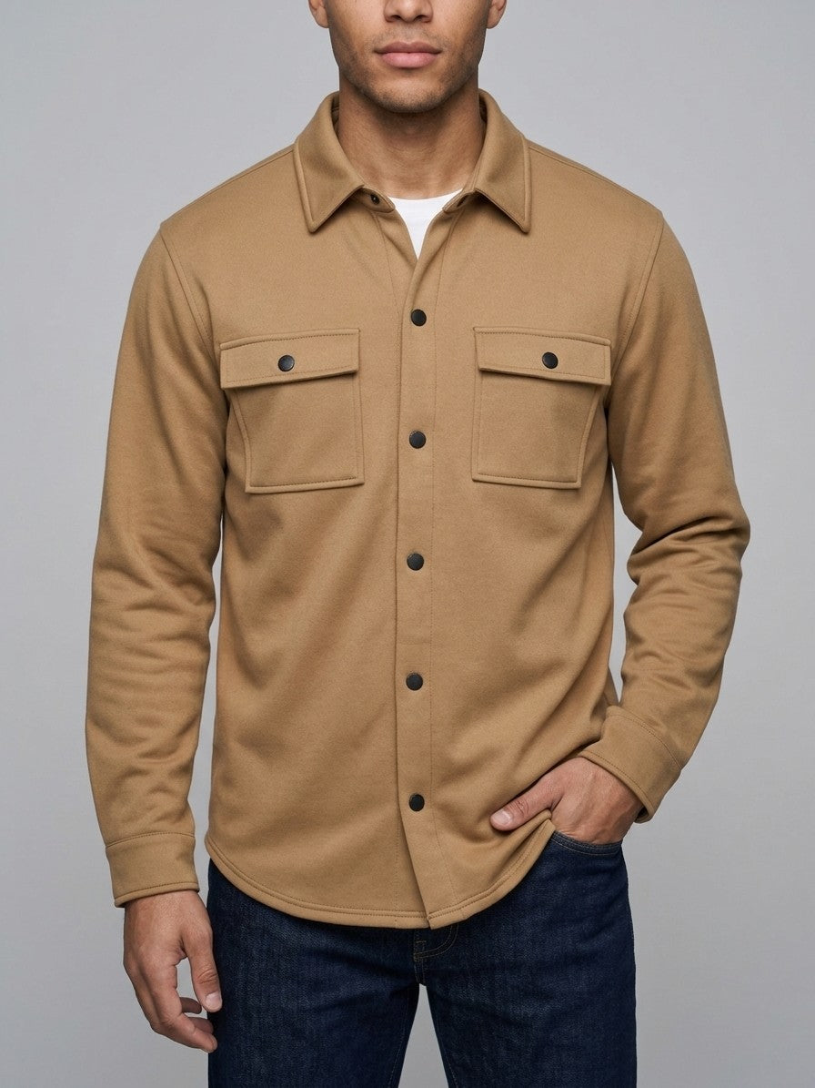 Carate Men's Brushed Knit Snap-Front Shirt Jacket — camel — front