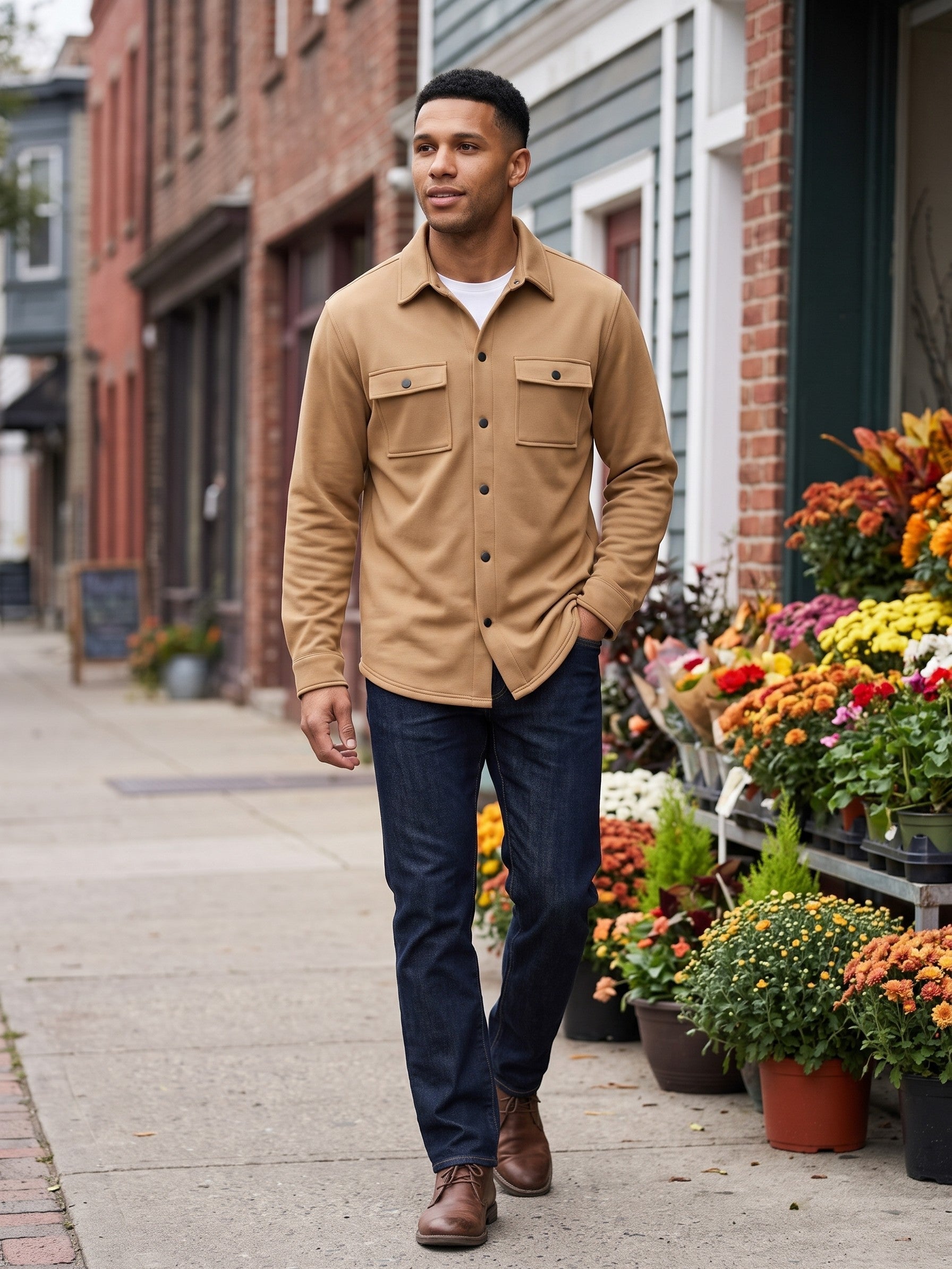 Carate Men's Brushed Knit Snap-Front Shirt Jacket — camel — lifestyle