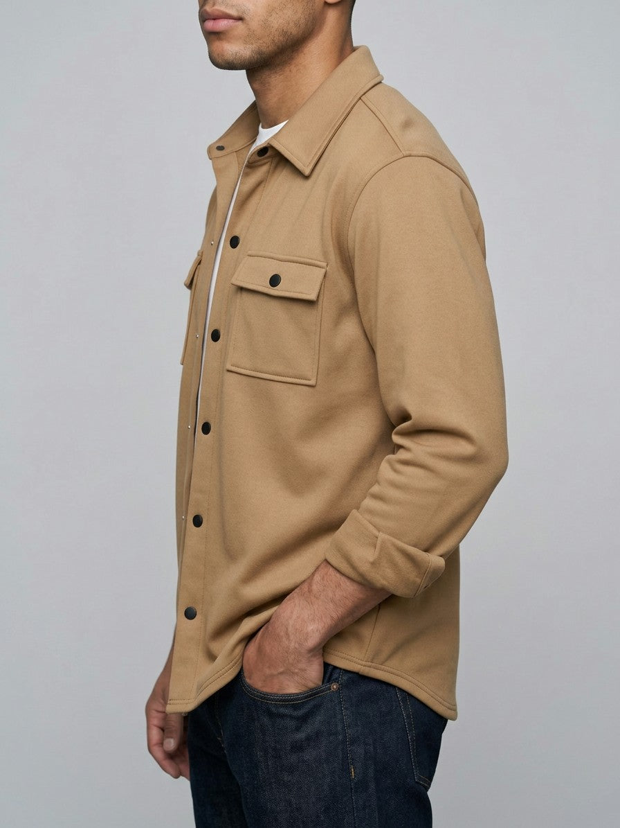 Carate Men's Brushed Knit Snap-Front Shirt Jacket — camel — side