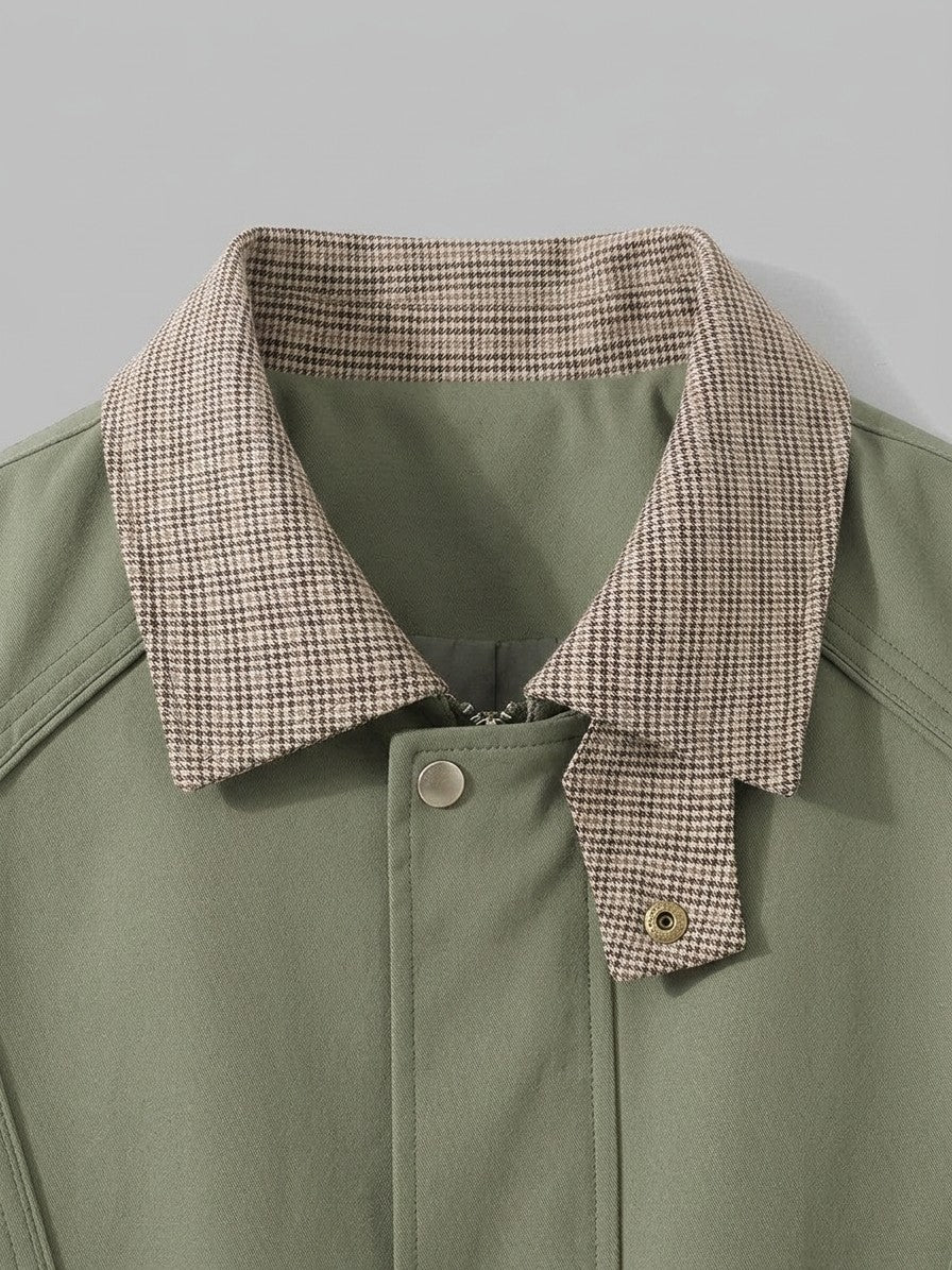 Carloforte Men's Check-Collar Harrington Jacket — armygreen — detail