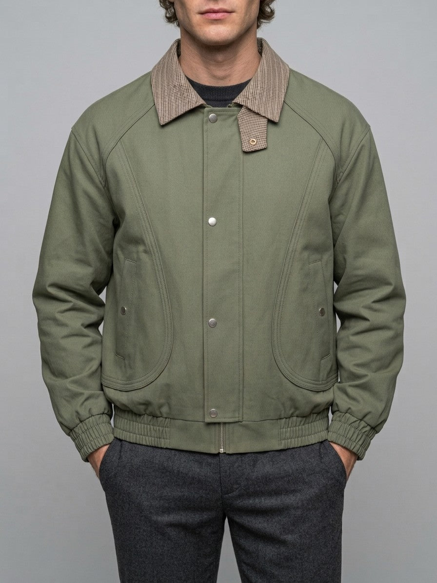 Carloforte Men's Check-Collar Harrington Jacket — armygreen — front