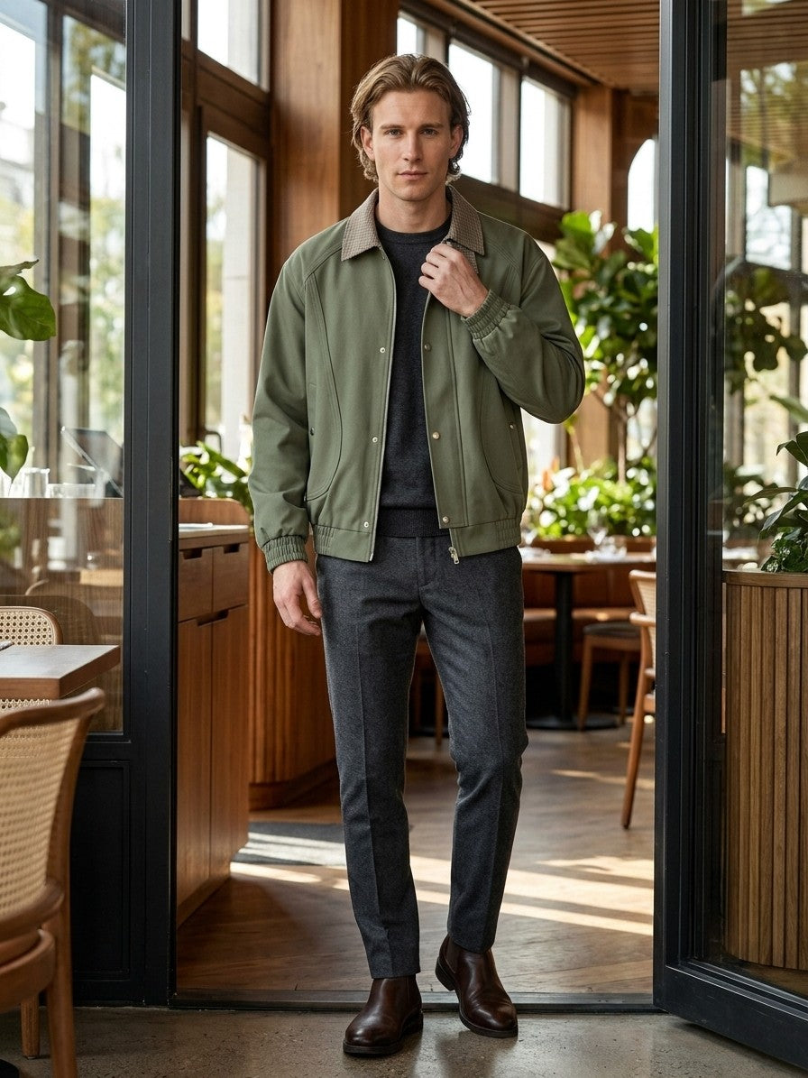 Carloforte Men's Check-Collar Harrington Jacket — armygreen — lifestyle