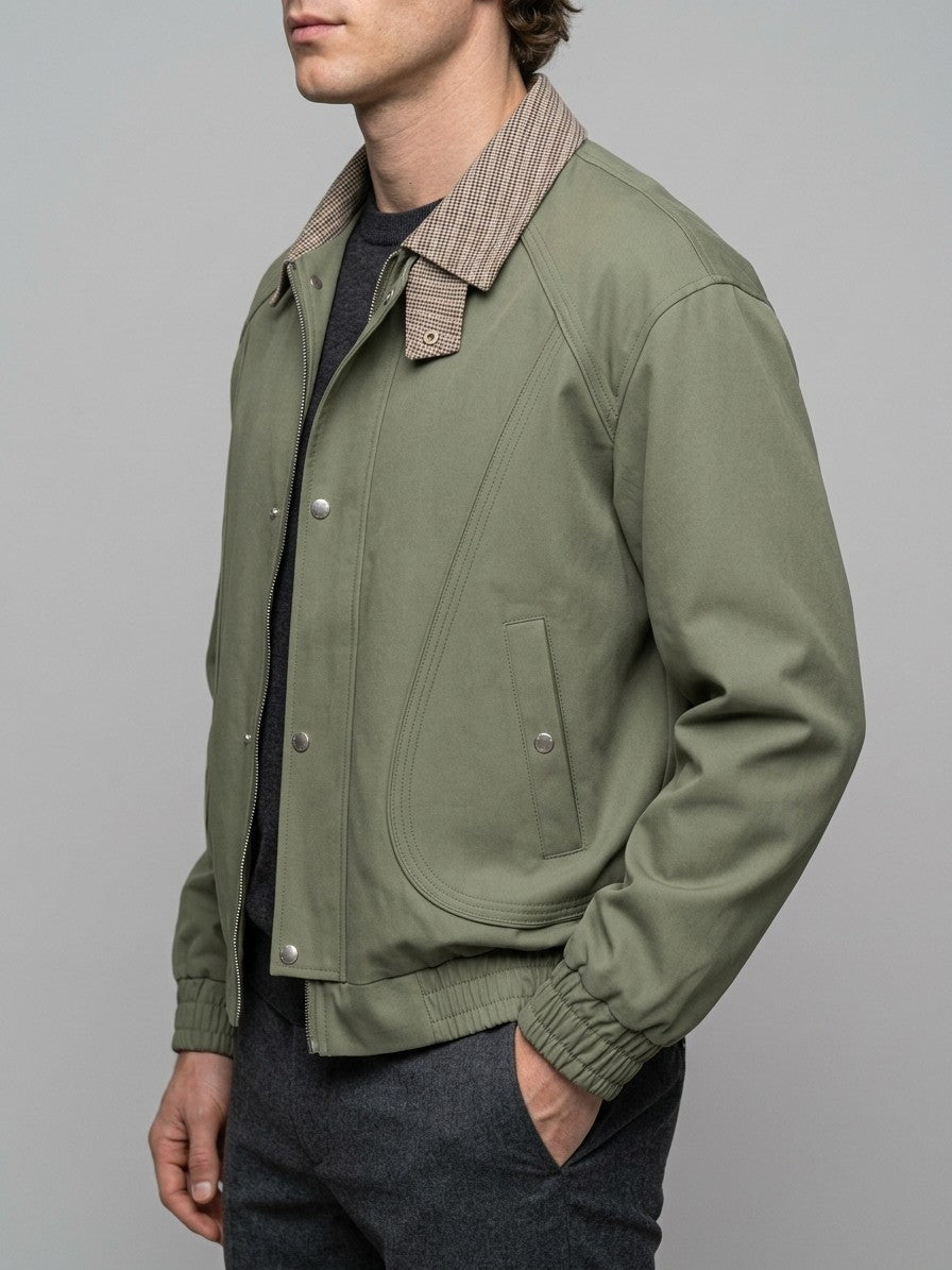 Carloforte Men's Check-Collar Harrington Jacket — armygreen — side