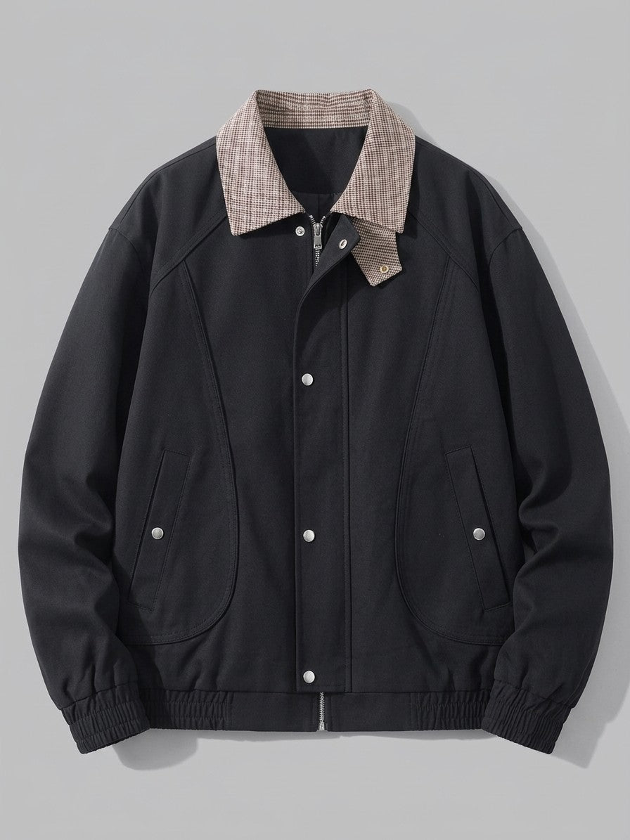 Carloforte Men's Check-Collar Harrington Jacket — black — packshot