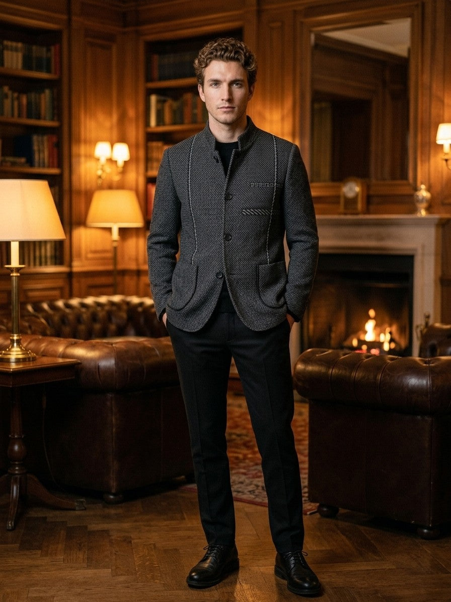 Carpi Men's Jacquard Mandarin Collar Blazer — charcoalblack — lifestyle