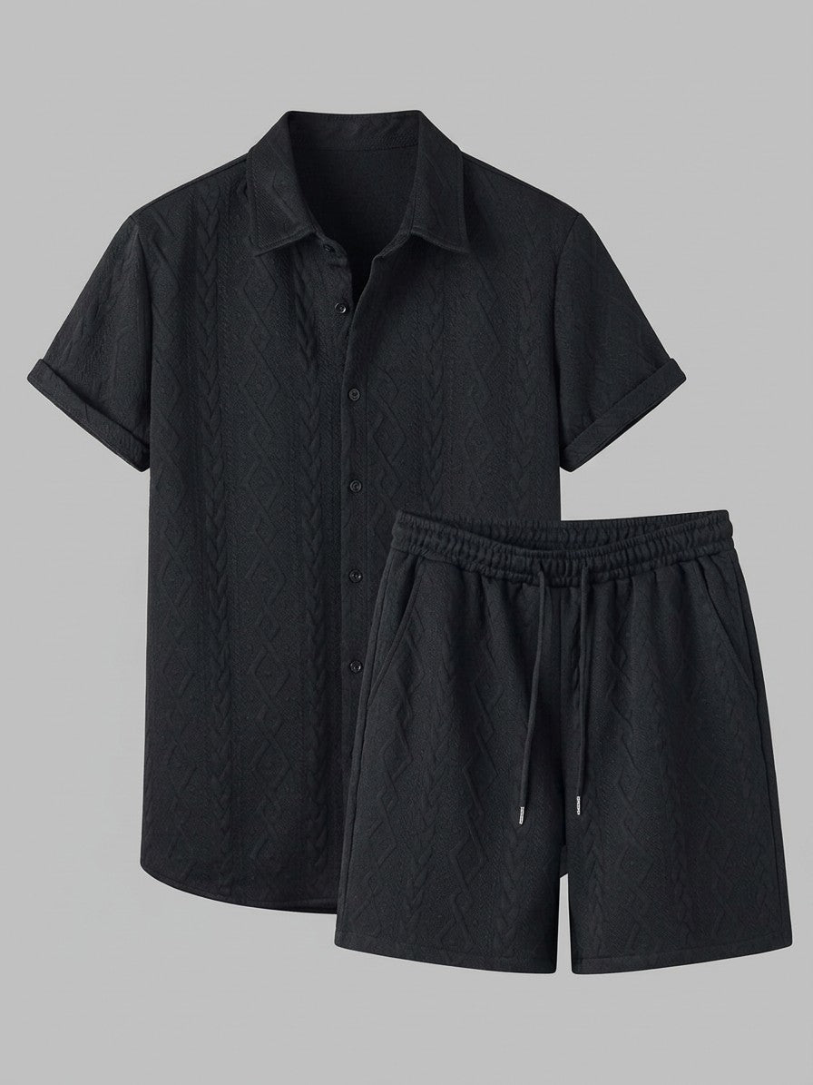 Carrara Men's Textured Knit Polo and Shorts Set — Black — set