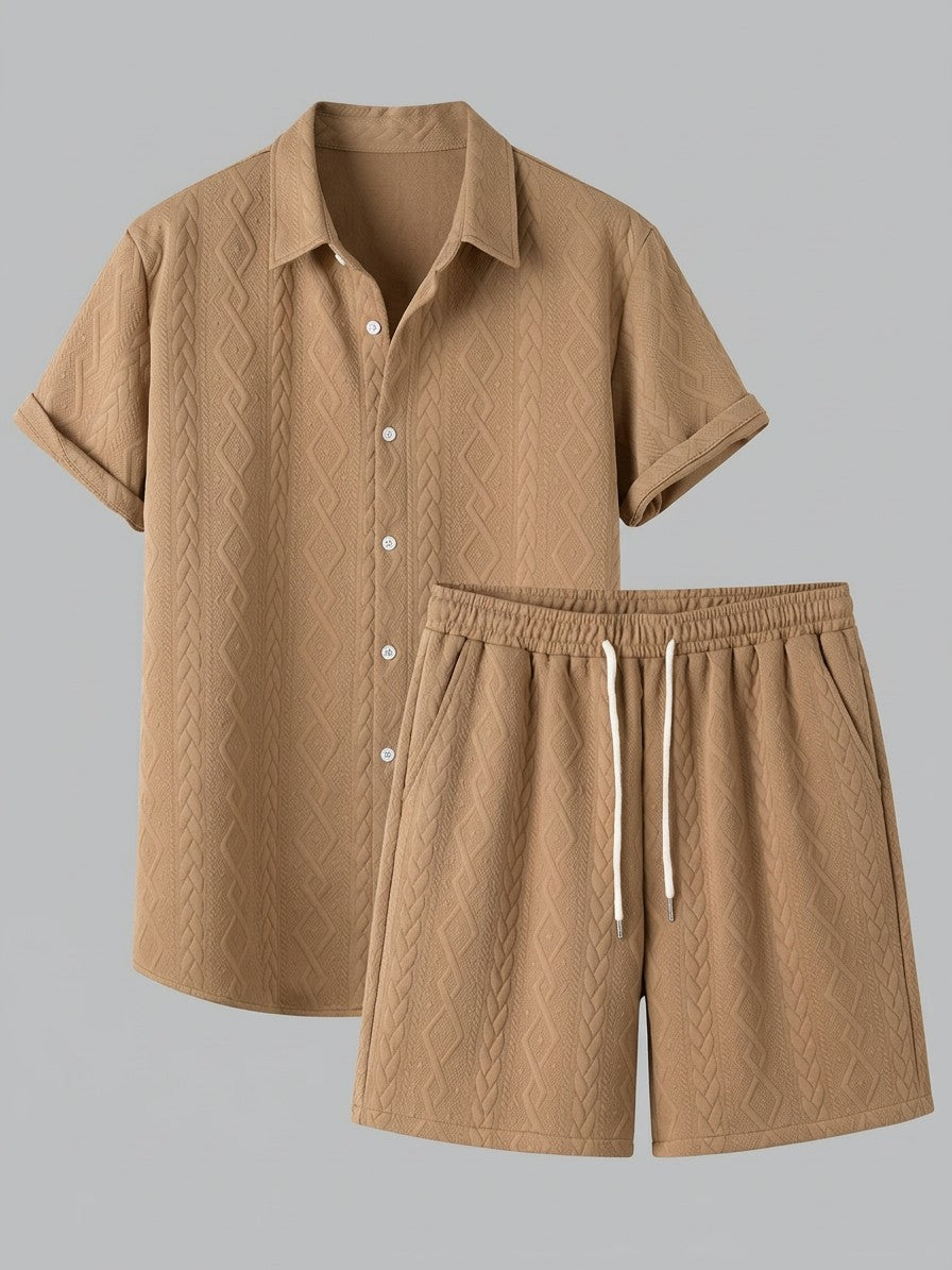Carrara Men's Textured Knit Polo and Shorts Set — Khaki — set
