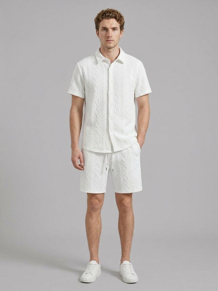 Carrara Men's Textured Knit Shirt and Shorts Set — white — fullfront