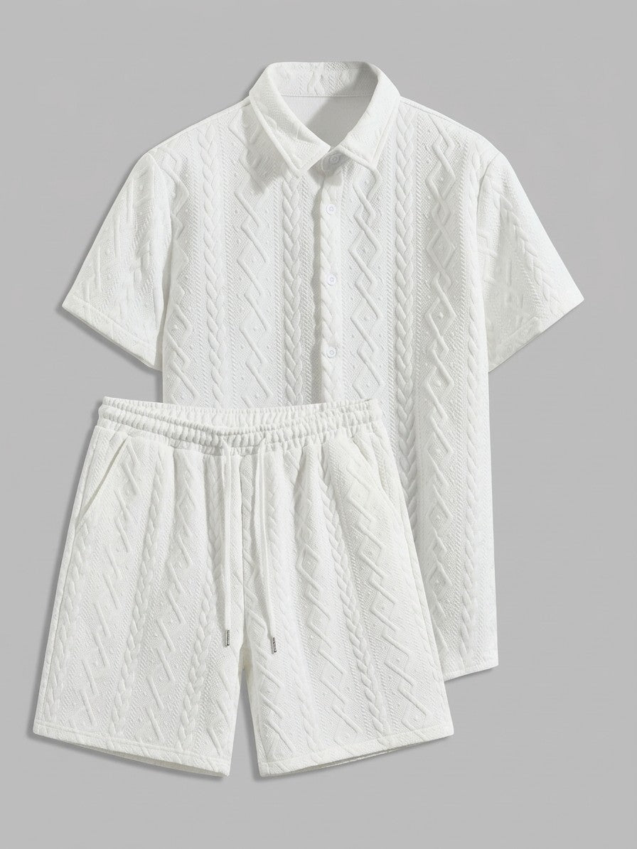 Carrara Men's Textured Knit Polo and Shorts Set — White — set