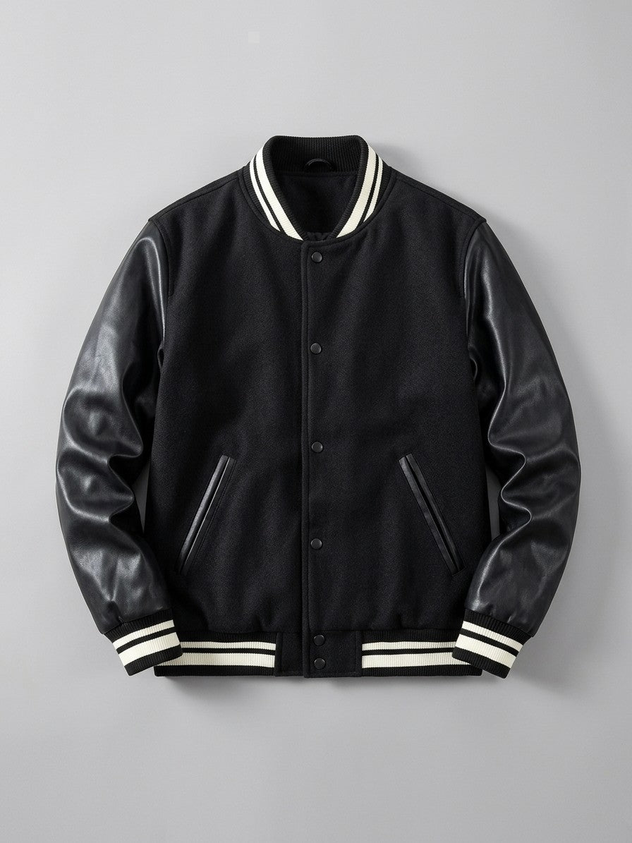 Casarano Men's Leather-Sleeve Melton Varsity Jacket — allblack — packshot