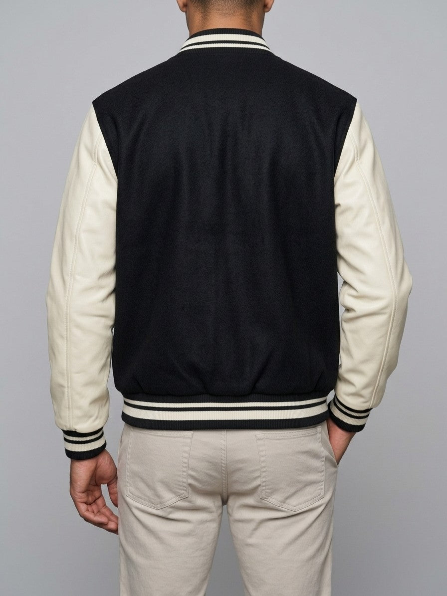 Casarano Men's Leather-Sleeve Melton Varsity Jacket — blackandcream — back