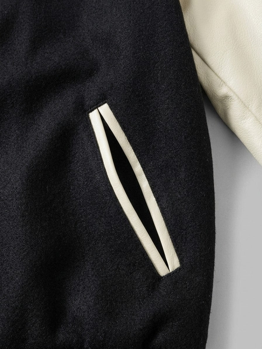Casarano Men's Leather-Sleeve Melton Varsity Jacket — blackandcream — detail-2