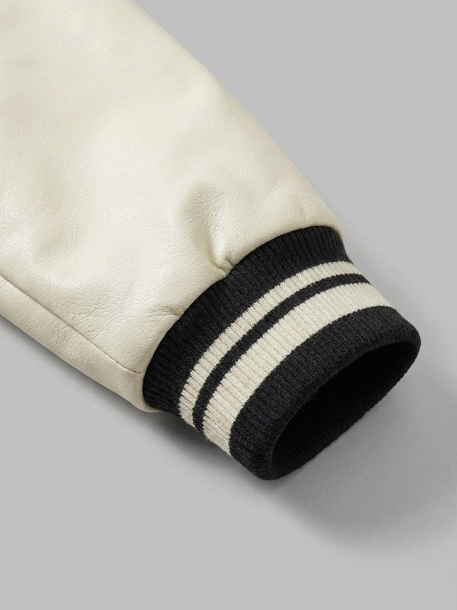 Casarano Men's Leather-Sleeve Melton Varsity Jacket — blackandcream — detail-collar