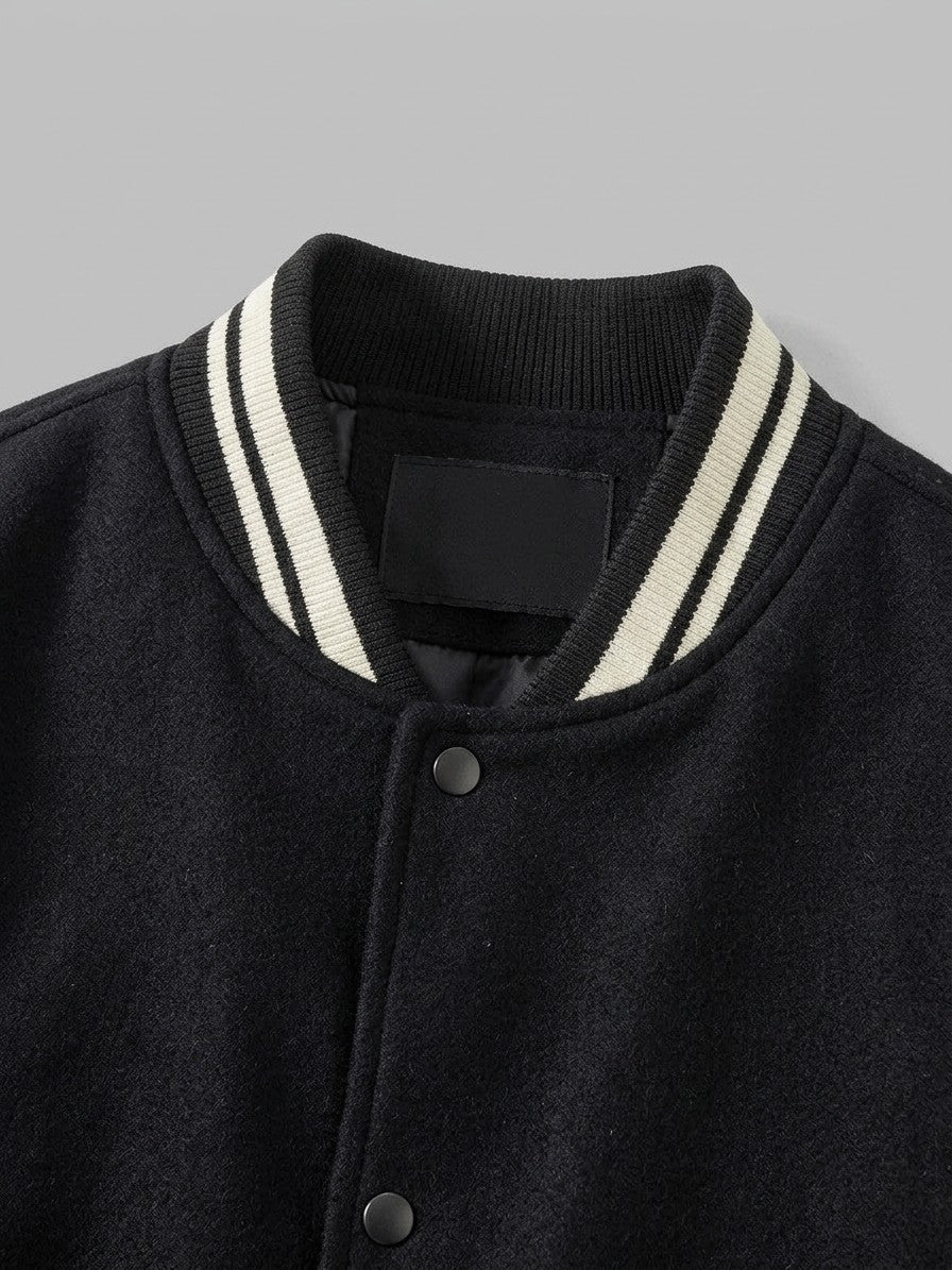 Casarano Men's Leather-Sleeve Melton Varsity Jacket — blackandcream — detail