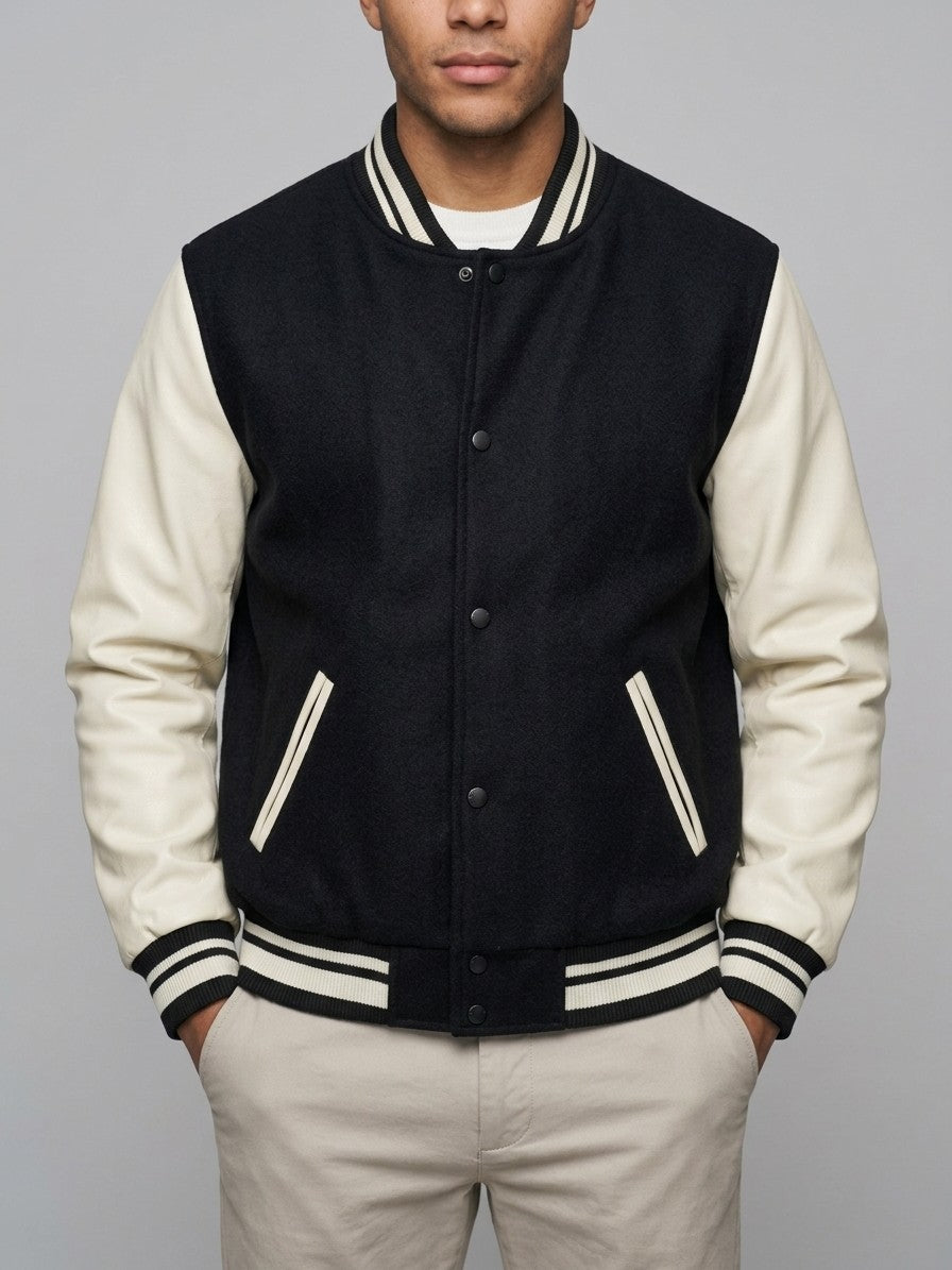 Casarano Men's Leather-Sleeve Melton Varsity Jacket — blackandcream — front