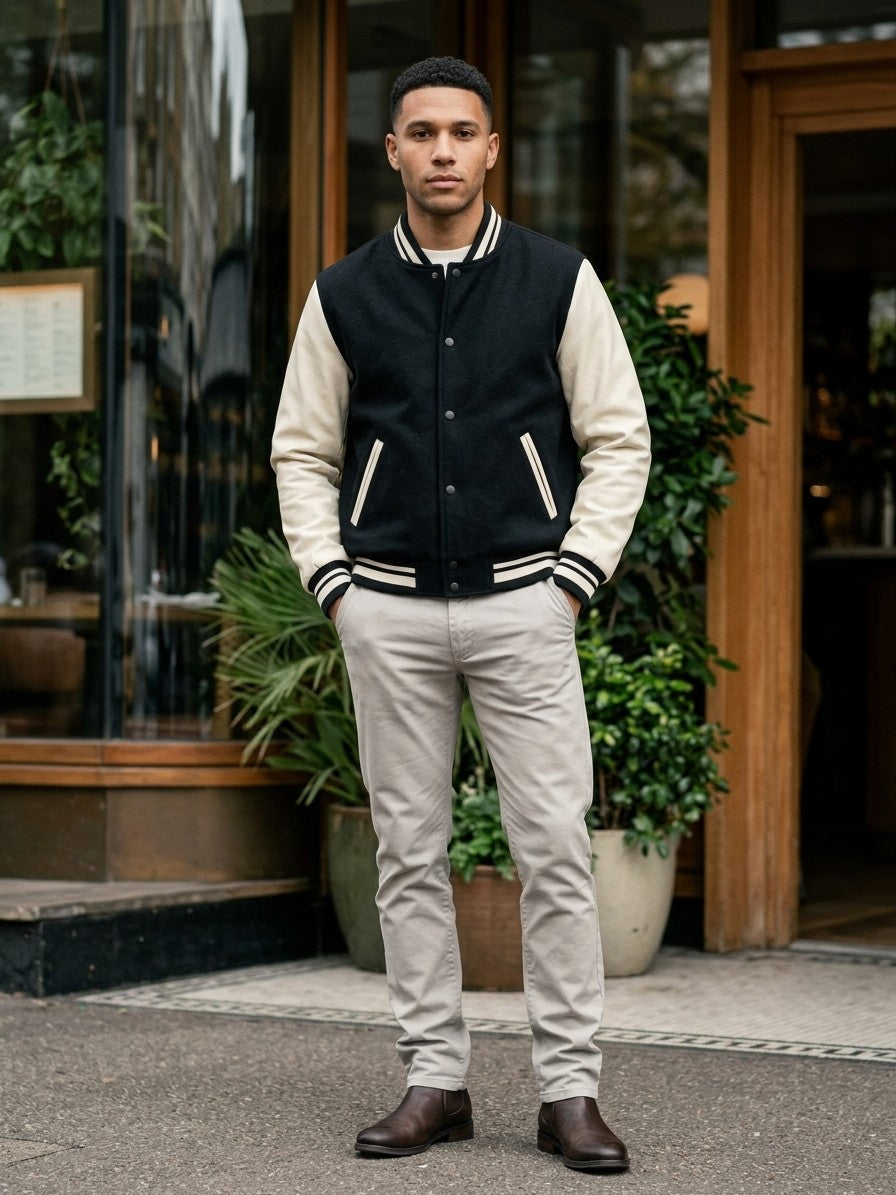 Casarano Men's Leather-Sleeve Melton Varsity Jacket — blackandcream — lifestyle