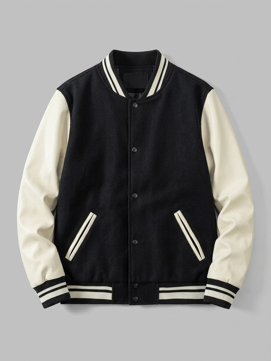 Casarano Men's Leather-Sleeve Melton Varsity Jacket — blackandcream — packshot