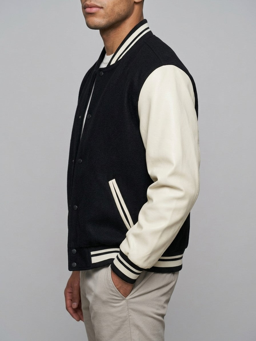 Casarano Men's Leather-Sleeve Melton Varsity Jacket — blackandcream — side