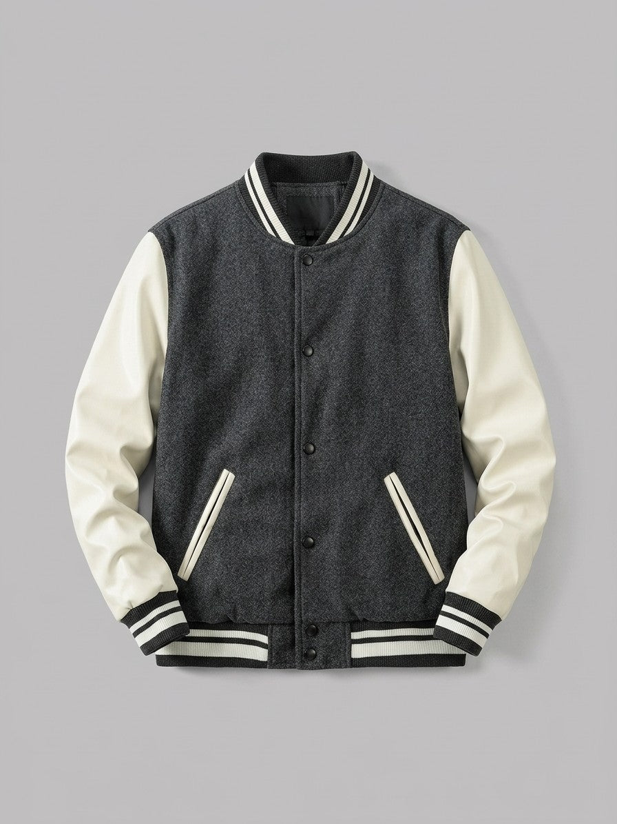 Casarano Men's Leather-Sleeve Melton Varsity Jacket — charcoalandcream — packshot